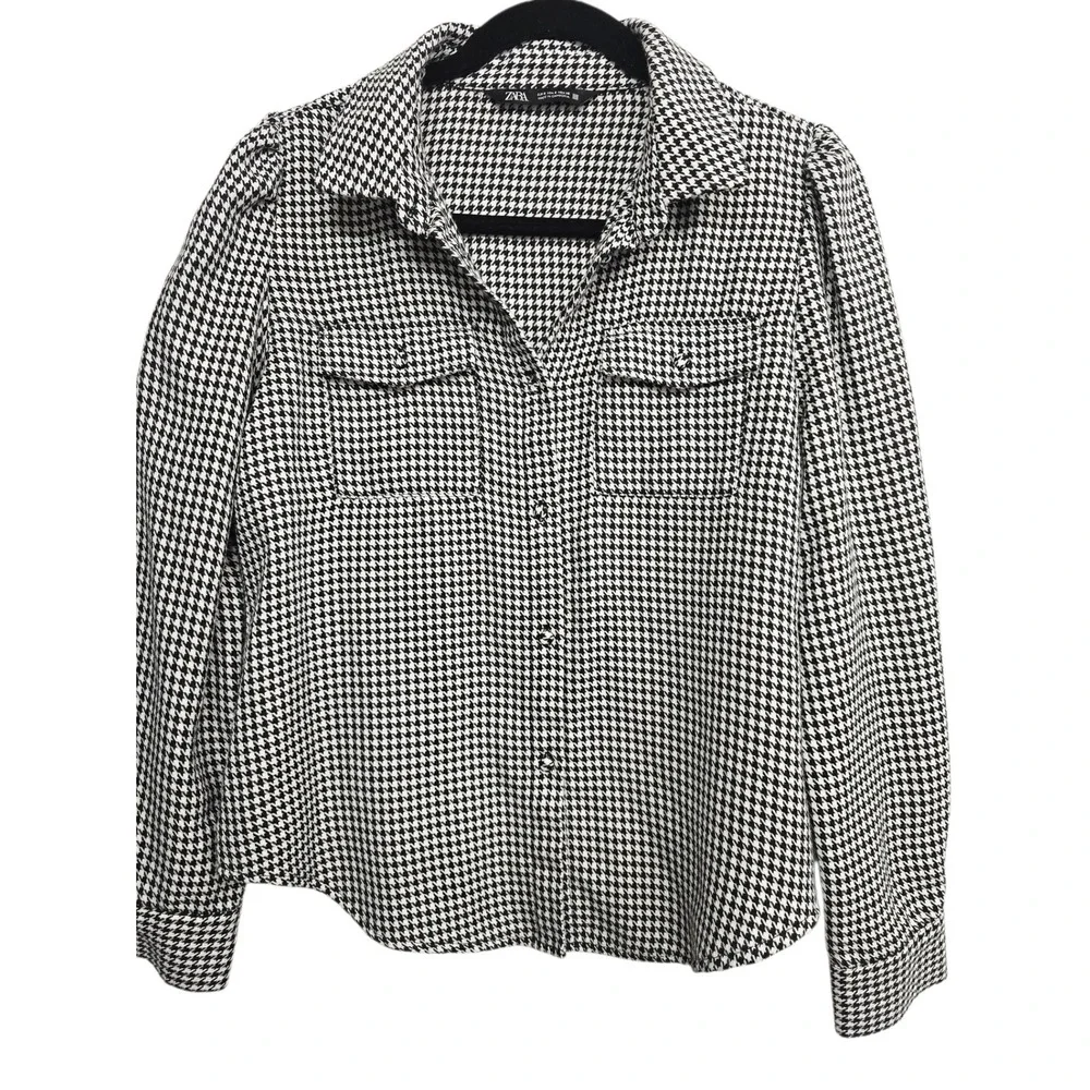 Zara Houndstooth Button Up Shirt‎ S Black White Collared Preppy Academia Chic